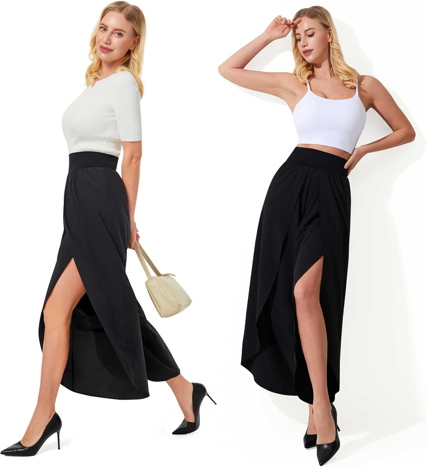 Pantalones de pierna ancha para mujer Split Flowy Palazzo Cintura alta Verano Playa Casual Crop con bolsillo