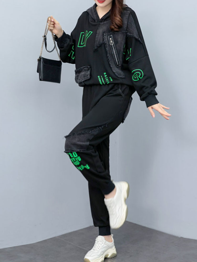 Bedruckte Patchwork Denim oben Freizeit Schlauch einstellen für Damen Frühling Herbst 2023 neuen Stil zweiteilige setzt 4xl