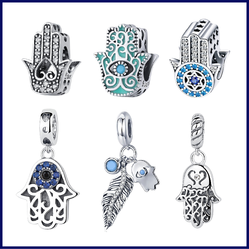 BISAER 925 Sterling Silber Blau Crystals Augen Runde Bead Fatima Hamsa Hand Charme Fit Charme Silber 925 Original Armband Schmuck