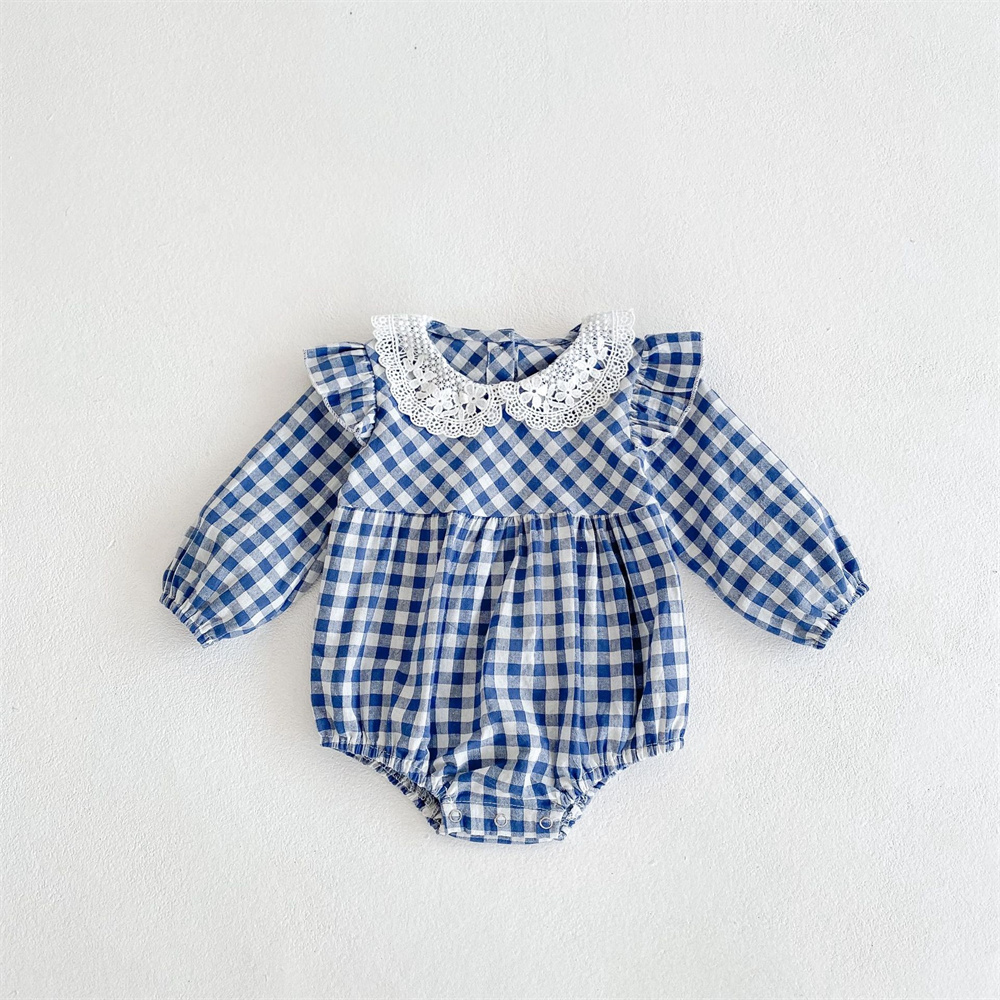 Abbigliamento estivo per neonati neonato colletto per bambole in pizzo pagliaccetto moda Plaid pagliaccetto a maniche lunghe tuta in lino di cotone 0-2Y