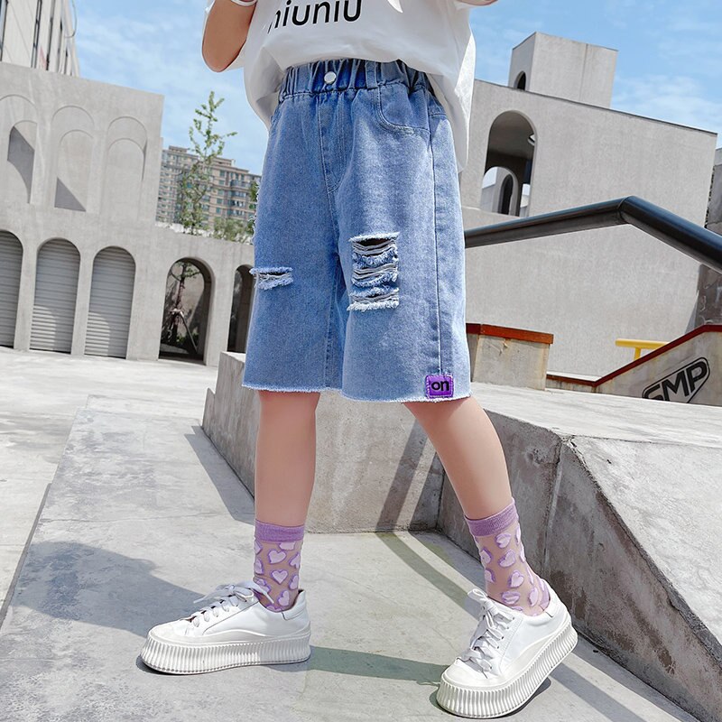 Big Girls Jeans corti in Denim strappati blu bambini pantaloncini elastici in vita pantaloni pantaloni estivi Casual per adolescenti 5 7 8 9 11 12 14 anni