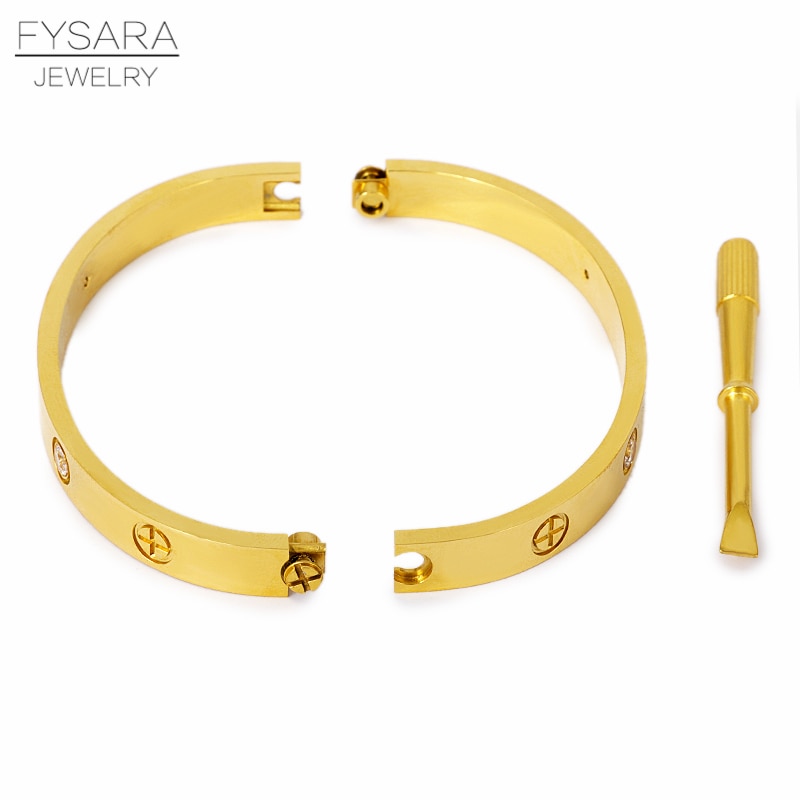 FYSARALuxury Titanium Steel Classic Crystals Cross Bangles Women Men Screwdriver Wristband Bangle Couple Gold Love Screw Bangles