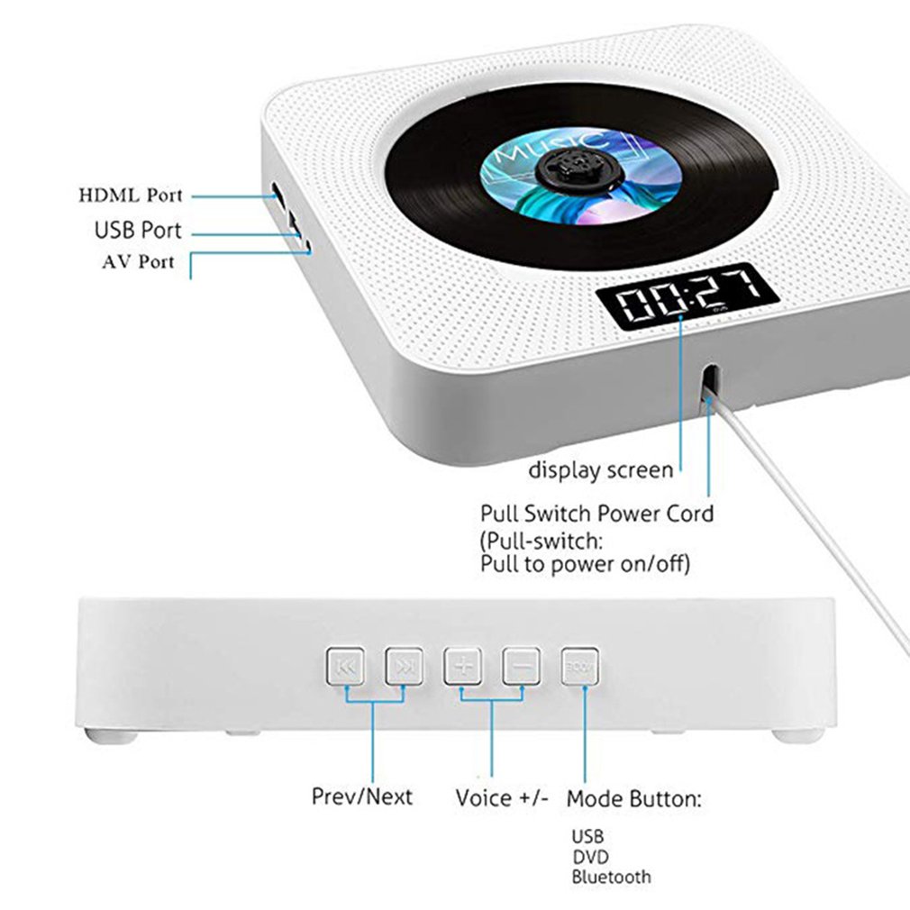 Reprodutor de DVD/CD Montado na Parede com Controle Remoto Bluetooth, Rádio FM Estéreo, Música HiFi e Alto-falante Integrado para TV e Casa - Dropshipping
