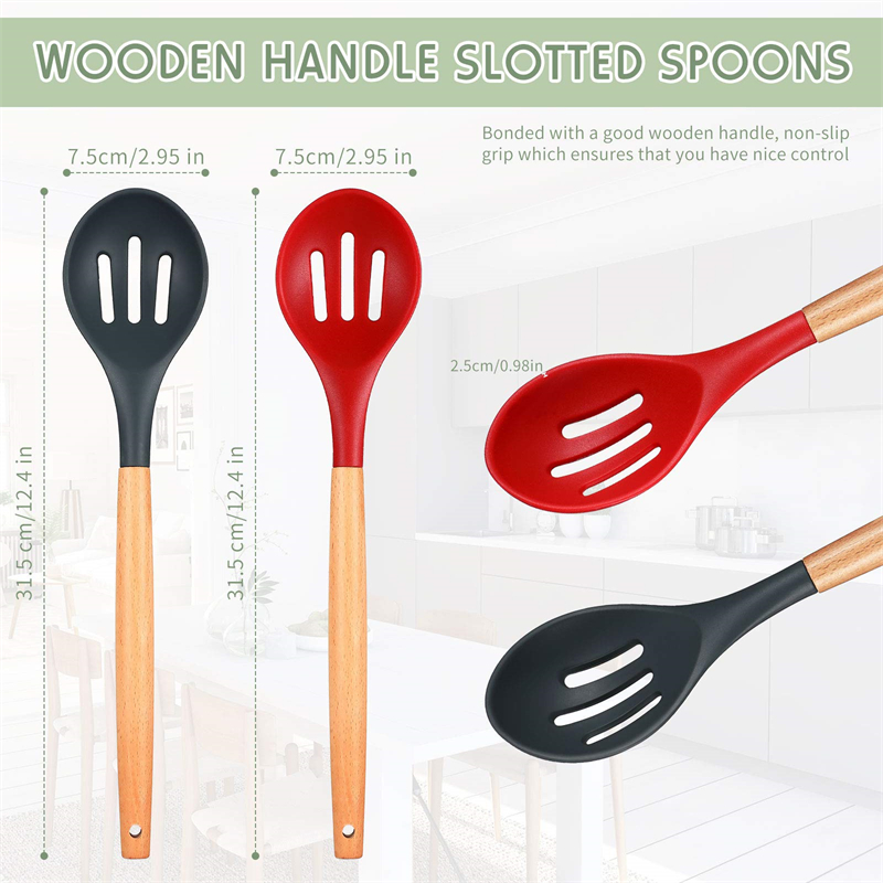 Non-Stick Silicone Spoon With Wooden Handle Slotted Serving Spoon Heat-Resistant Cooking Utensil Soup Spoons For Kitchen Baking