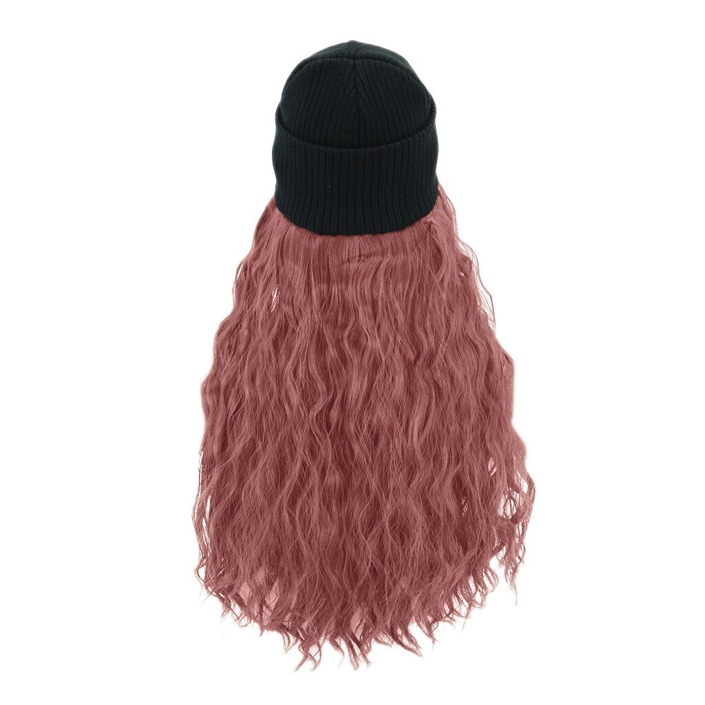 Synthetische Lang Krullend Knit Skiën Winter Hoeden Met Haar Pruik Beanie Bevestigd Hoed Pruik Voor Meisje Hangen Natuurlijke Katoen gemaakt #128: Roze
