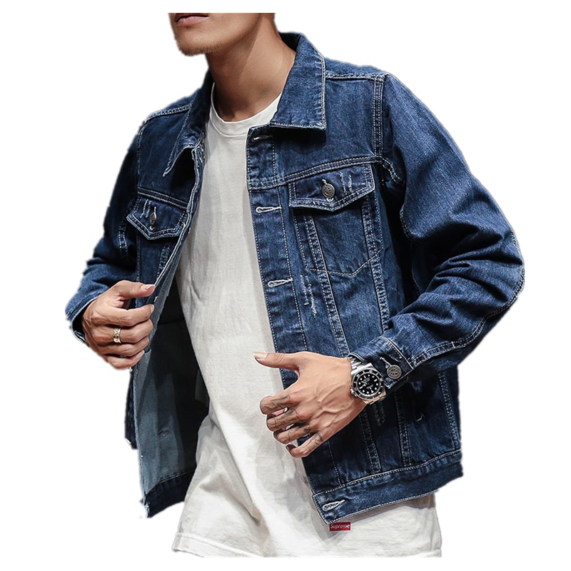 Distressed Blue Denim Jacket men Autumn Ripped Jeans Coat Male Slim Fit Casual Coats Solid Simple Plus Size 3XL Top