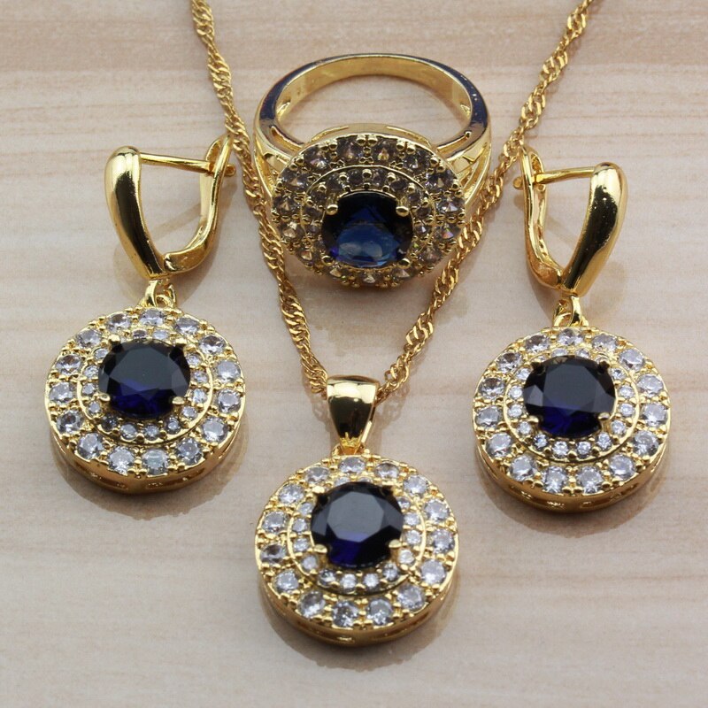 Amazing Round Blue Cubic Zirconia Yellow Gold Color Jewelry Sets For Women Africa Choker Necklace Bracelet Ring Sets