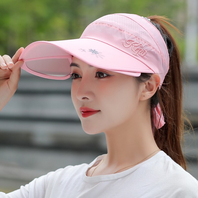 Verano sol sombrero visera gorras mujer escalable ala vacía arriba de béisbol gorra de protección UV playa visera del sol sombreros para las mujeres: pink