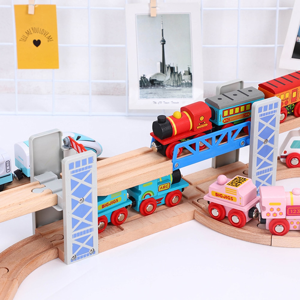 Wooden Double Deck Bridge Overpass Toy DIY Train Tracks Railway Scene Accessory
