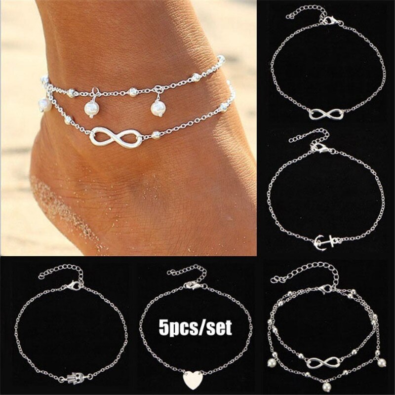 Tobillera de acero inoxidable con colgante de corazón para chica, pulsera de tobillo para chica, accesorios para mujer, de joyería, 5 uds.