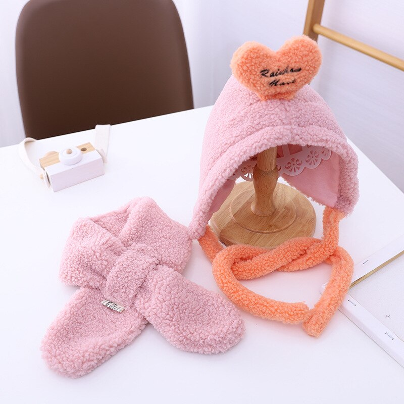 Girl's hat autumn winter ear cap children's scarf hat set foreign style baby lamb cashmere love tie up hat kids hats: 3