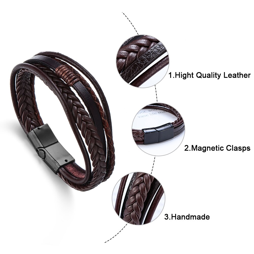 Pulseira de couro masculina, fivela de multicamada, pulseira de couro, fecho magnético, marrom, preto, 1 peça acessórios joias charme