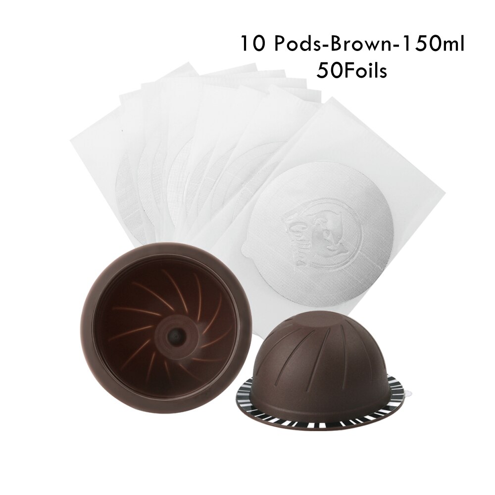 Refillable VertuoLine Coffee Capsules Pods, Reusable Vertuo Capsules Compatible For Nespresso Vertuo Coffee Machines: 10Brown150ml-50Foils