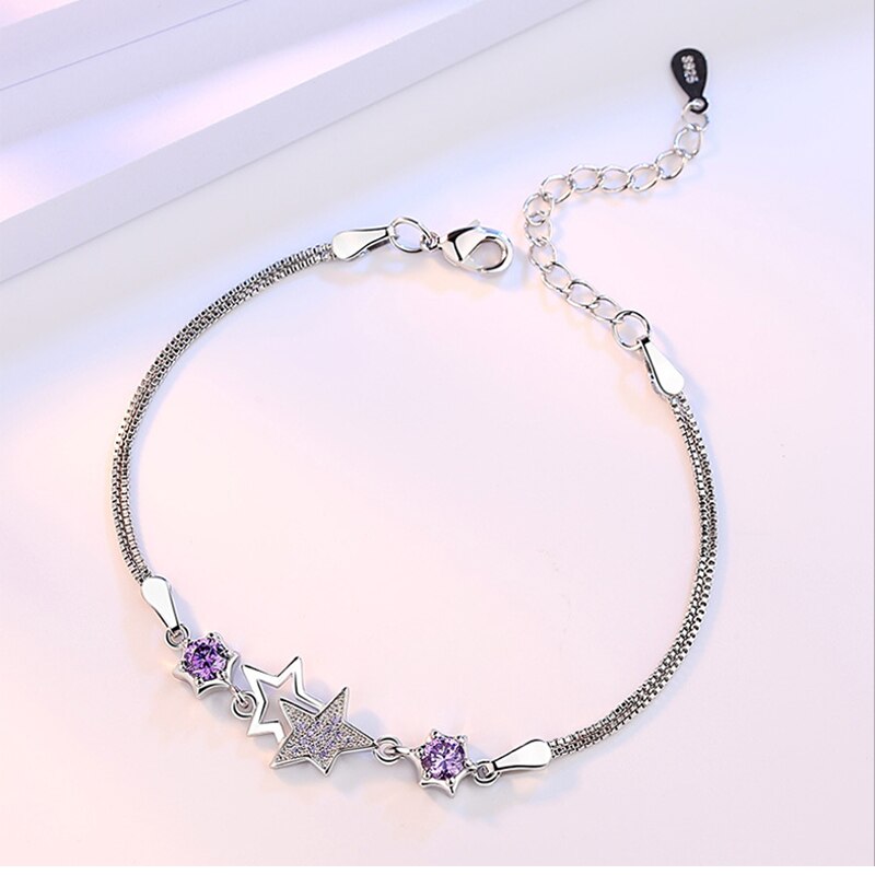 Anenjery Zilver Kleur Armbanden & Bangles Zirkoon Crystal Star Perzik Bloesem Bloem Pulseira Feminina S-B30