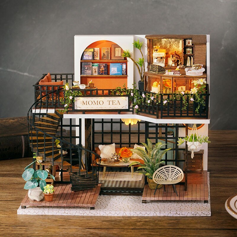 Handgemaakte Houten Poppenhuis Kit Miniatuur Met Meubels Lichten Bos Thee Koffie Winkel Casa Diy Villa Poppenhuis Speelgoed Volwassenen