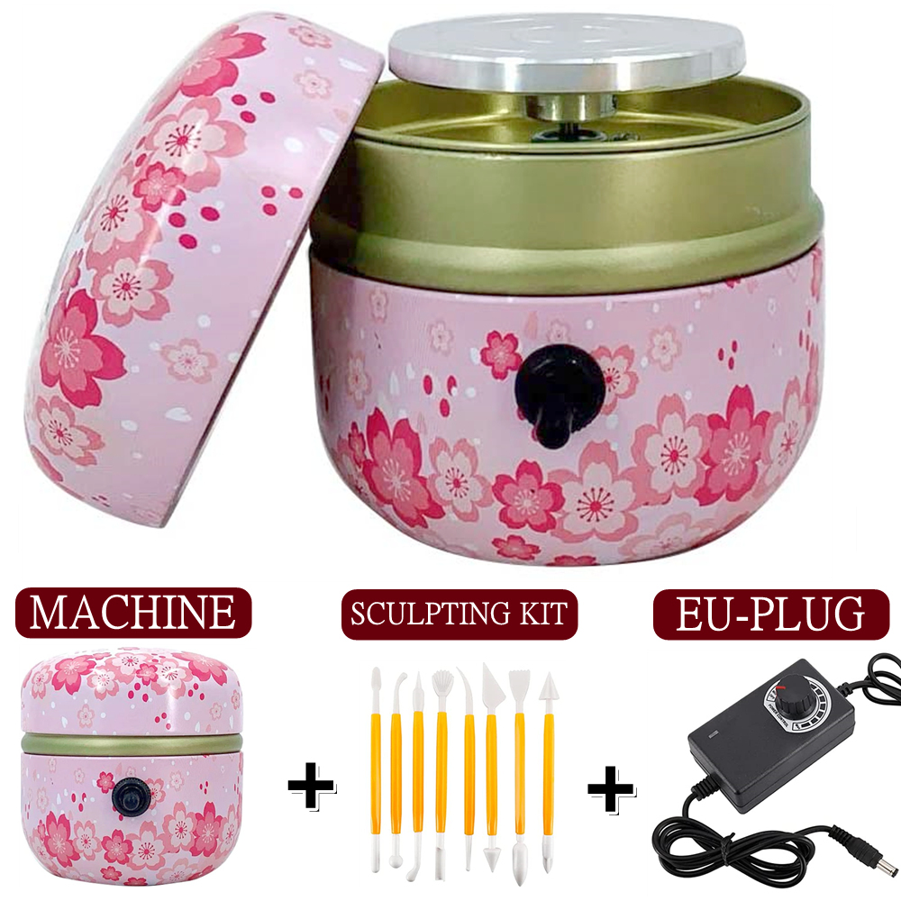 Mini Electric Pottery Wheel with Tray+Sculpting Kit, Pottery Forming Machine for Ceramic Clay Tools Art Crafts Pottery Turntable: Pink EU-PLUG
