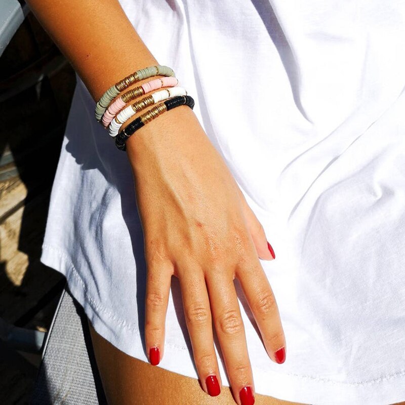 Handmade Boho Polymer Clay Bracelet Women Adjustable Heishi Disc Beads Bracelet Summer Jewelry