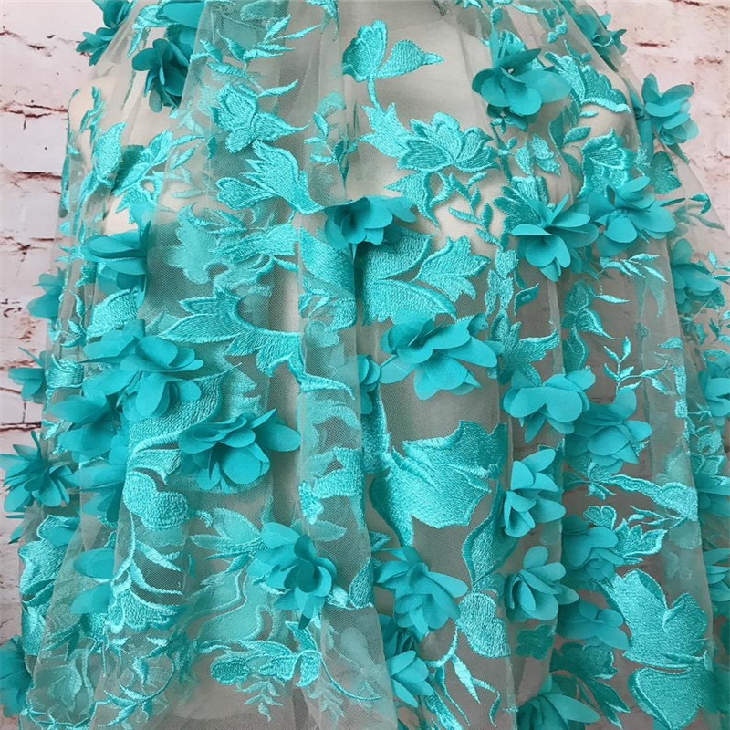 Türkis Bestickt Spitze Stoff Weiche 3D Chiffon Blume Tüll Stoff Braut Spitze Hochzeit Stoff von der werft