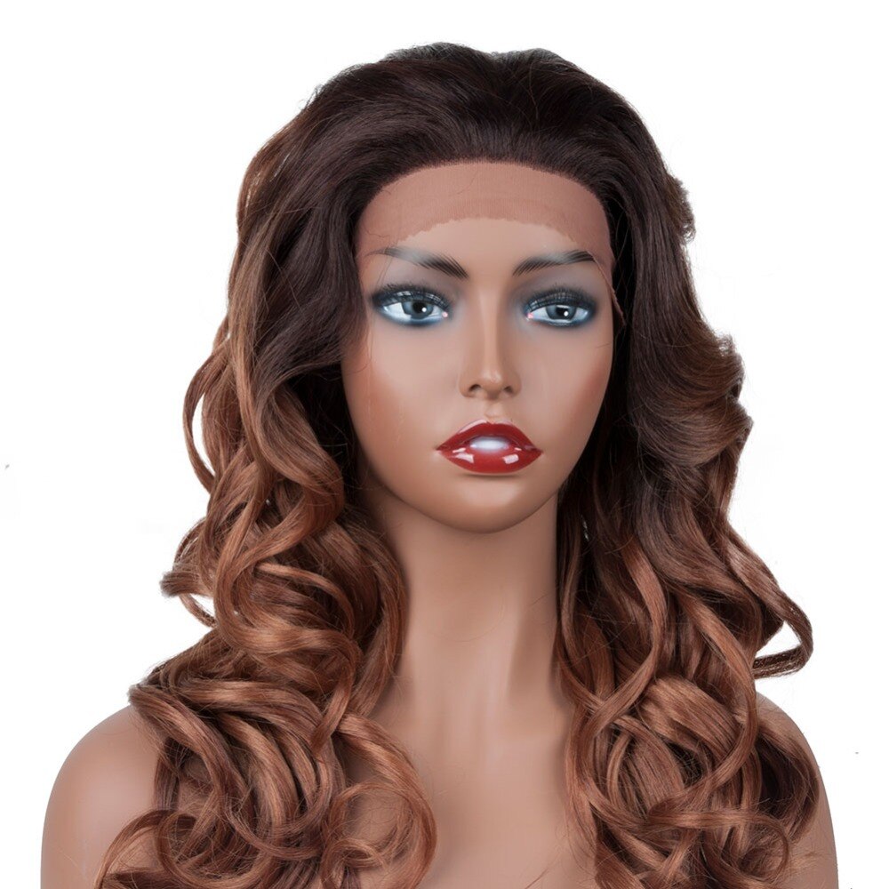 Ombre Light Brown Color Lace Front Synthetic Wigs With Baby Hair JINGFA Long Natural Wave Wigs