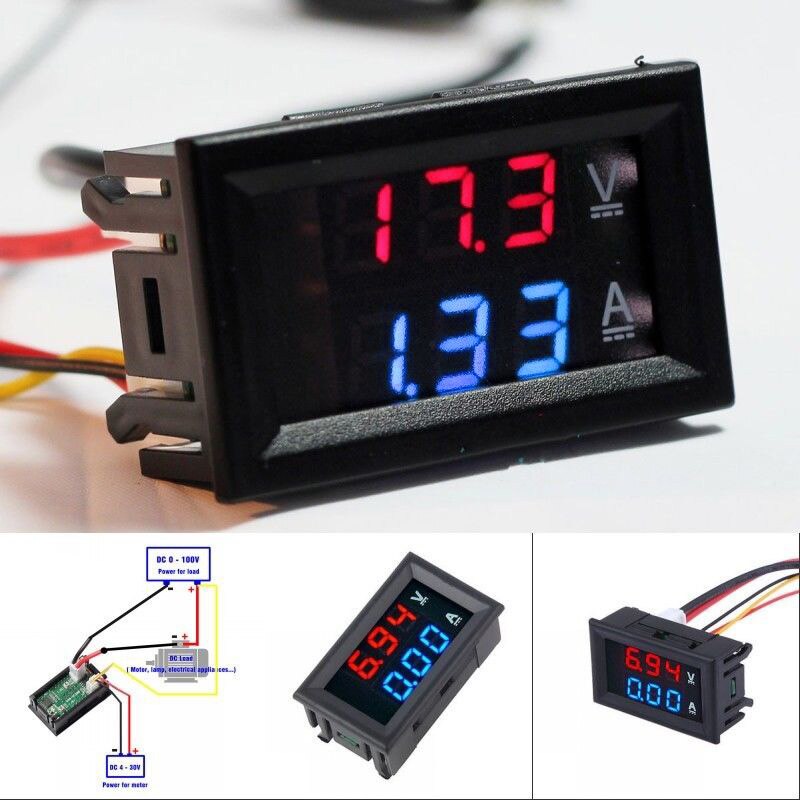 DC Dual Display Panel Meter Volt Amp Meter DC Double Color Blue/Red LED Voltmeter Ammeter DC 0-100V 10A Arriva