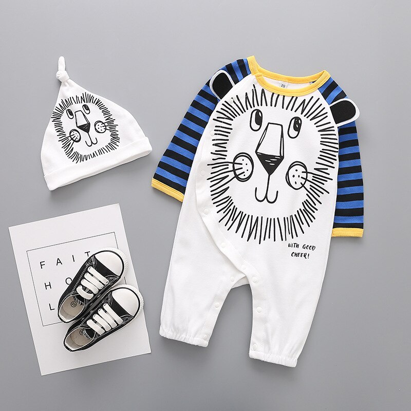 Baby Katoen Lange Rompertjes Baby Jongen Een Stuk Dier Leeuw Gedrukt Jumpsuit met Hoed Set Side Knop Open Rompertjes Jongens outfit