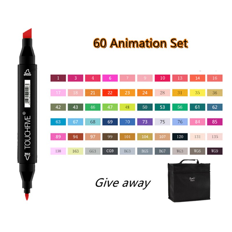 TOUCHFIVE-rotuladores de doble punta para dibujo, marcadores gráficos de Alcohol para bocetos, suministros de arte, 12, 36, 48, 80 y 168 colores: 60Colors Anime set