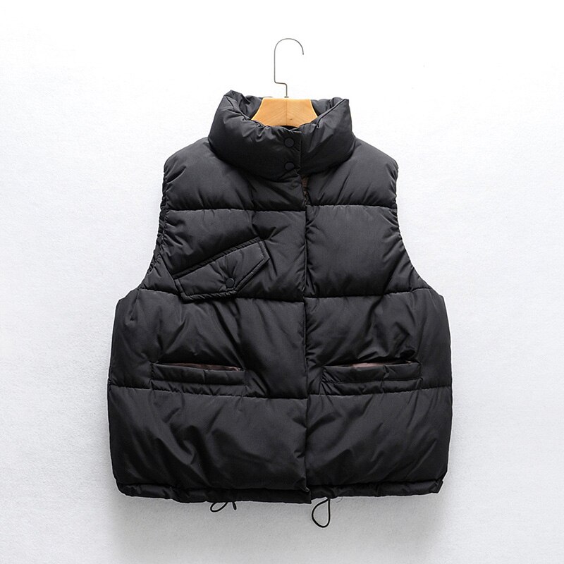 Chaleco de Invierno para mujer, chaleco acolchado, chaleco Casual para mujer, chalecos cálidos para mujer, chaqueta con bolsillos de cuello alto sin mangas, ropa de calle: Black / M