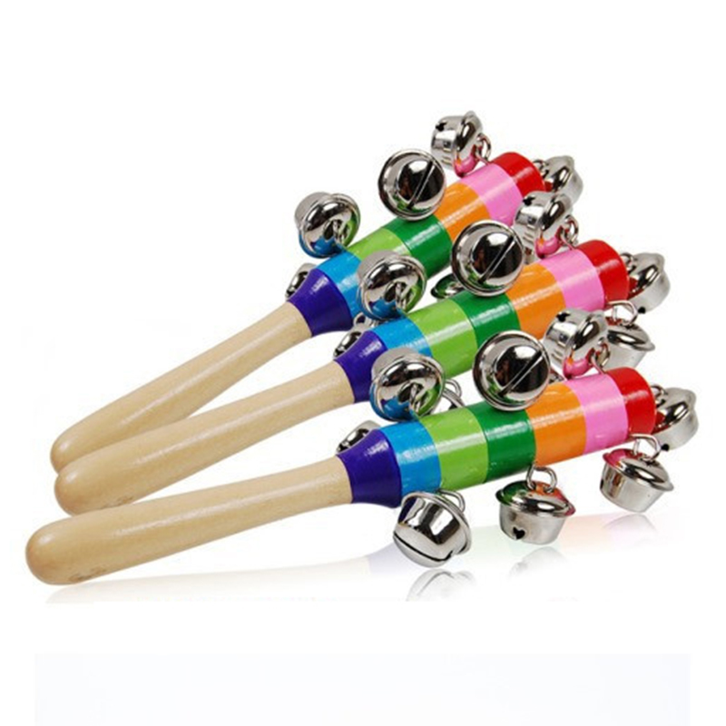 1Pcs 18cm Baby Wooden Rattle Rainbow Color Hand bell Baby Rattles Jingle bells Infant Shaker Rattle Educational Toys