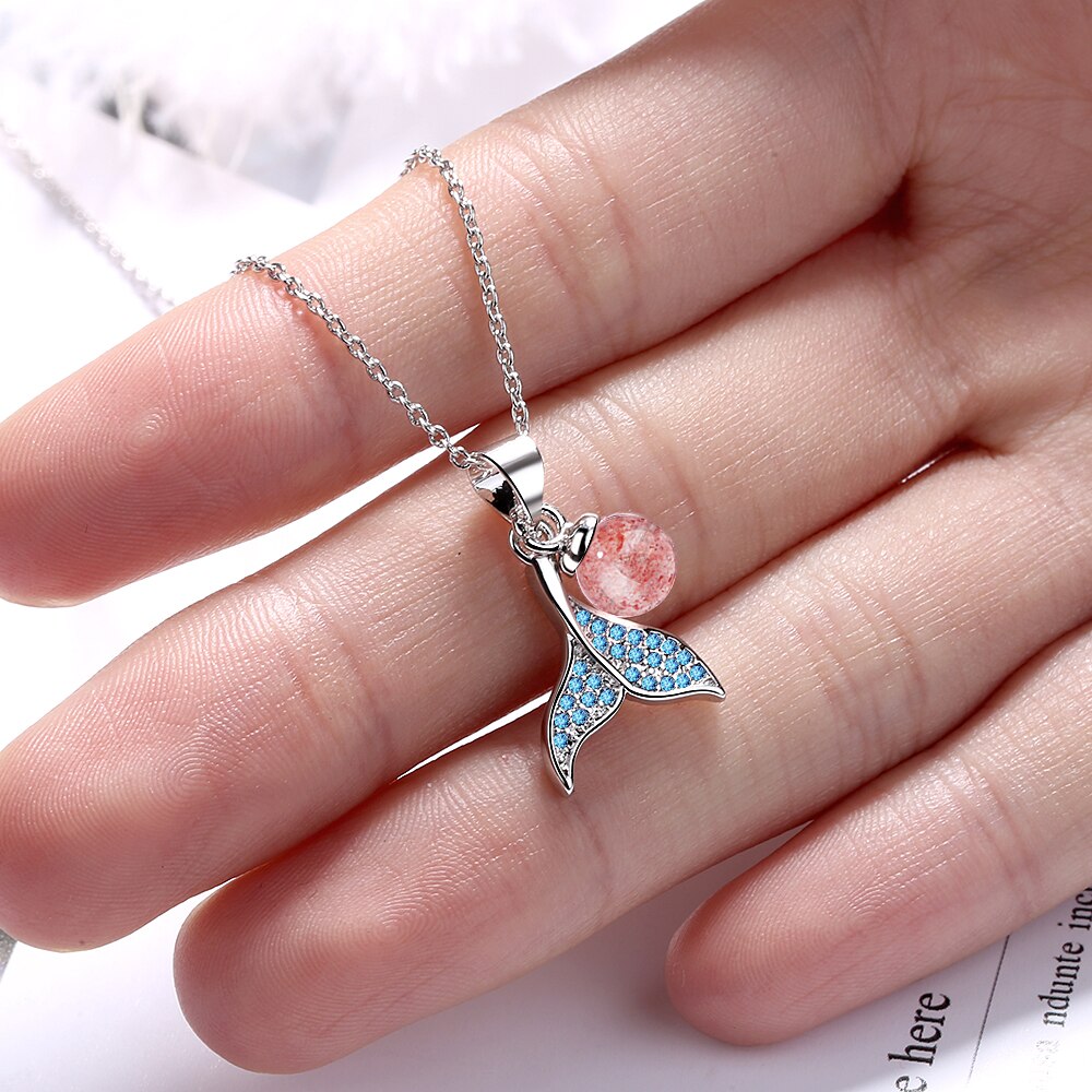 Simple Mermaid Fishtail Silver Color Necklaces with Natural Strawberry Crystal Cubic Zirconia Jewelry For Women S-N450