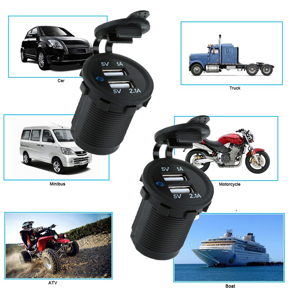 Auto Motorcycle Dual USB Socket Oplader Adapter Outlet Power Mobiele Telefoon Oplader DC 5 V 2.1A/1A voor auto Motorfiets ATV