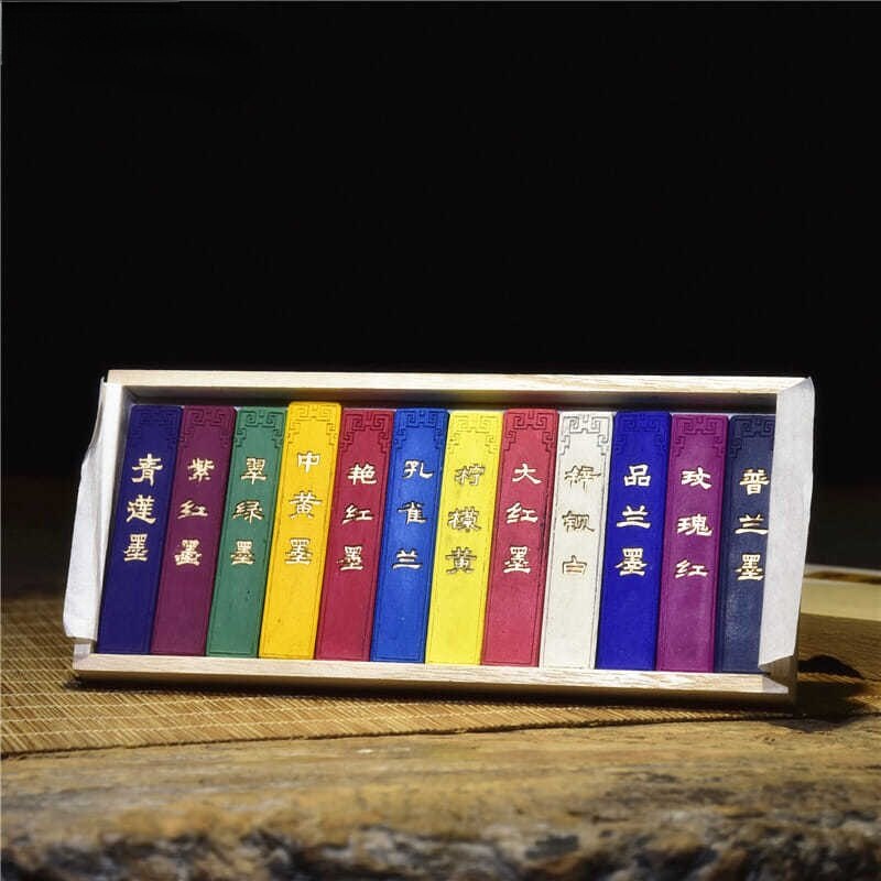 12 Colors Little Ink Stick Set Chinese Calligraphy Traditional Painting Colorful Ink Block Calligraphy Brush Ink Grinding Sticks