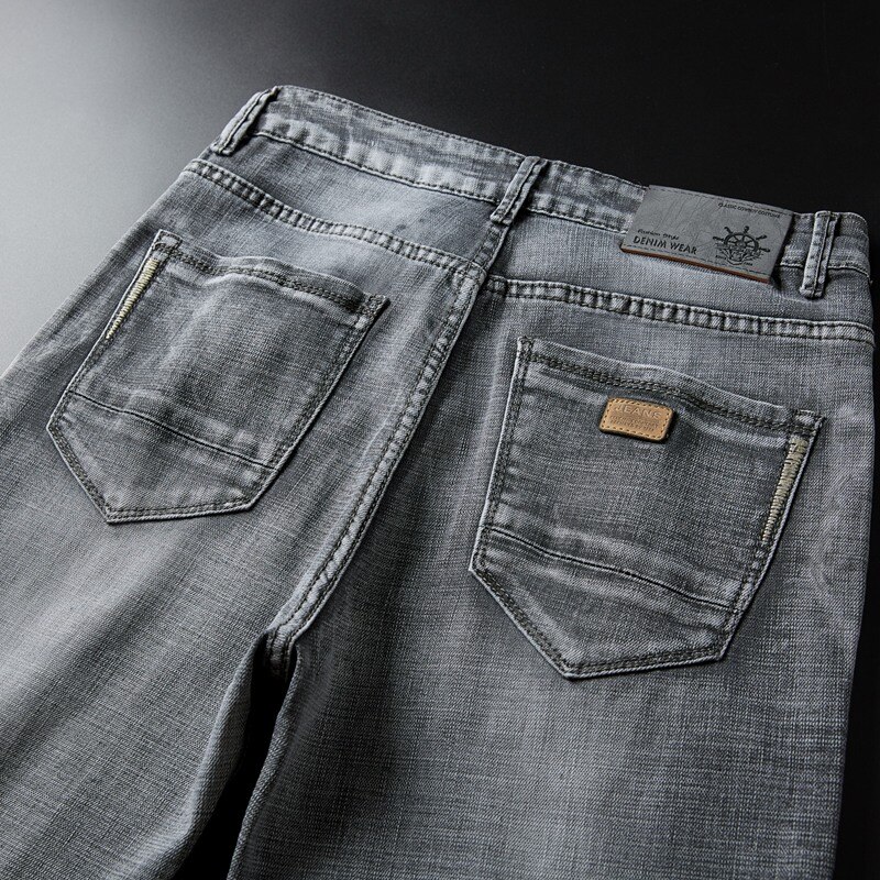 Merke vår sommer klassisk stil herre grå jeans virksomhet myk tøye ut denim grå bukser herre merke passe bukser