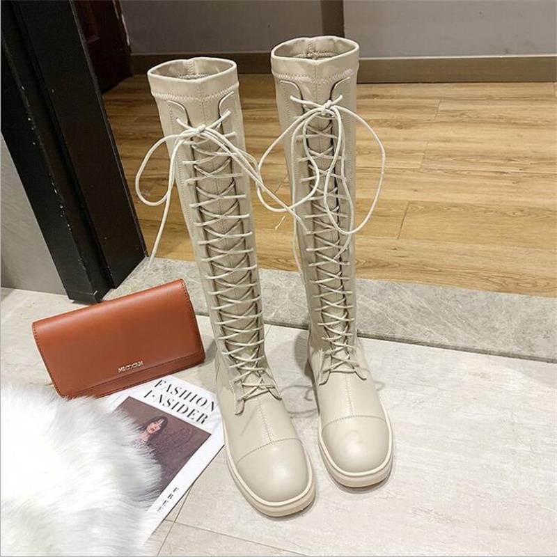 Botas altas de otoño e invierno con tiras delanteras juveniles, impermeables, transpirables, botas elásticas para mujer que aumentan la altura.