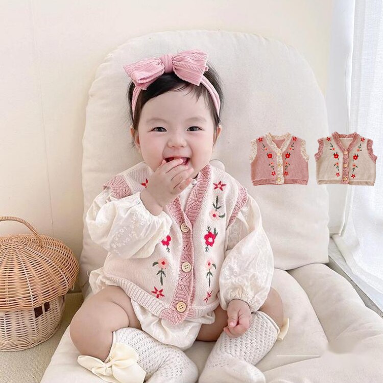 2022 autunno neonata all-match bambino 0-2 anni cardigan filato di cotone maglione lavorato a maglia ricamato scollo a v maglione gilet cappotto
