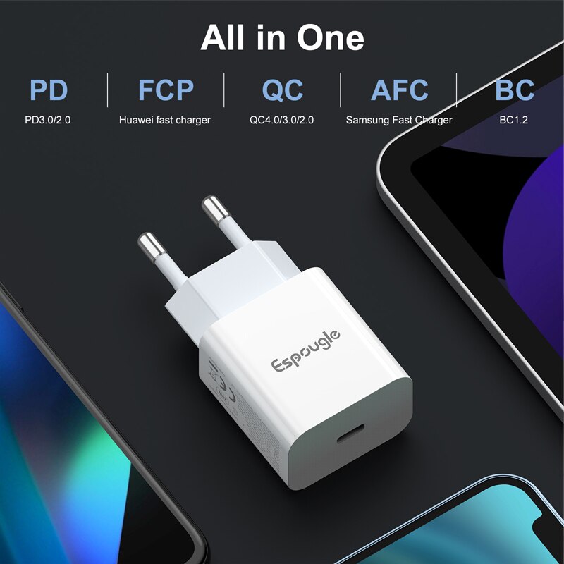 Espougle Usb C Lader Snel Opladen 4.0 3.0 Qc 20W Pd Usb Type C Fast Charger Voor Iphone 12 pro Max 11 Mini 8 Plus Xiaomi Telefoon