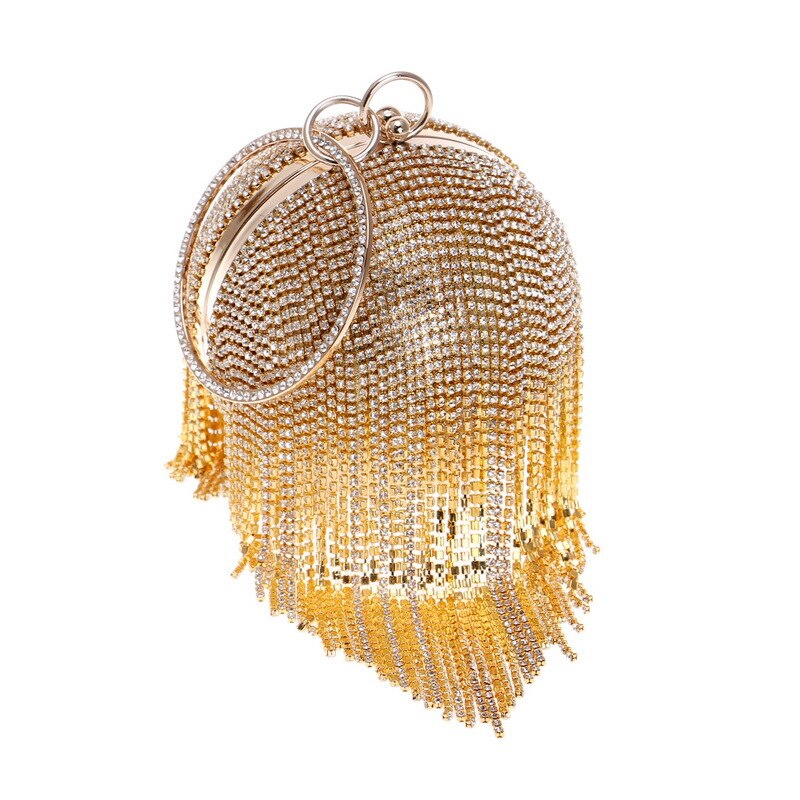 bolso con borla de cristal, el bolso más bonito y divertido de forma redonda, dorado, plateado, clutch, bolsos de noche a la , bolsos rojos, bolsos de mano para mujer: Dorado