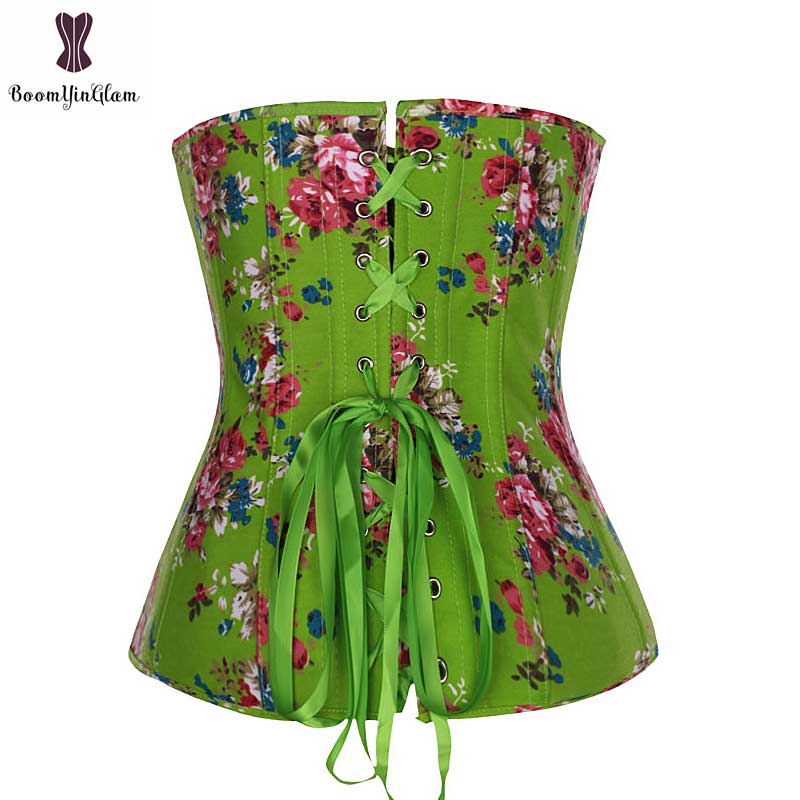 Lolita-prendas de vestir de primavera y verano, corsé Overbust con estampado de flores y cierre de hebilla frontal, corpiño verde y rosa, Corset de buena