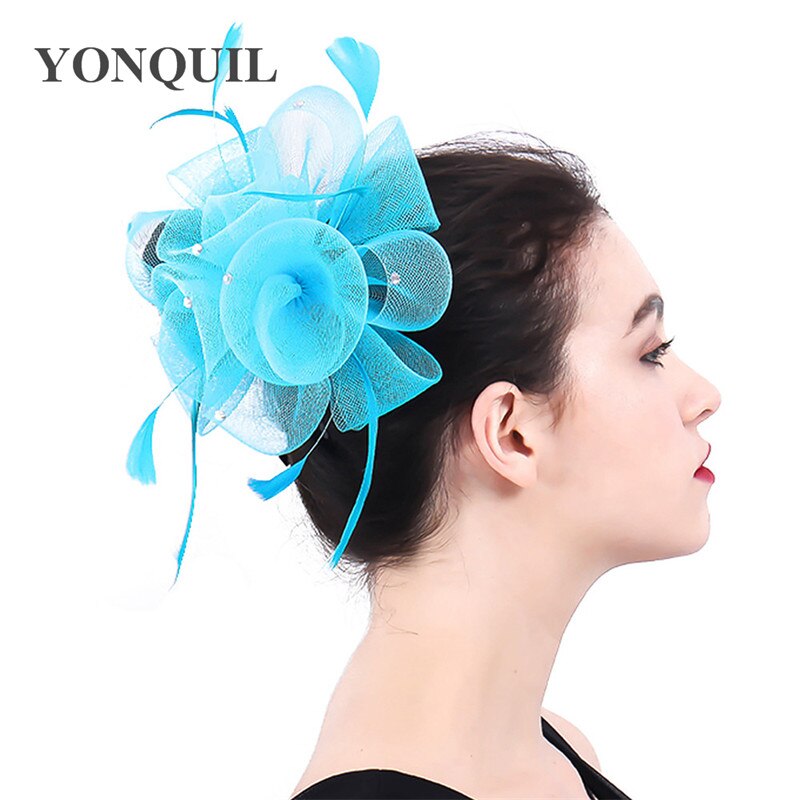 Handgemaakte bruidshoofddeksels tule fascinator hoed haarspeld dames formele huwelijkshaaraccessoires bloemenhoed: Turkoois