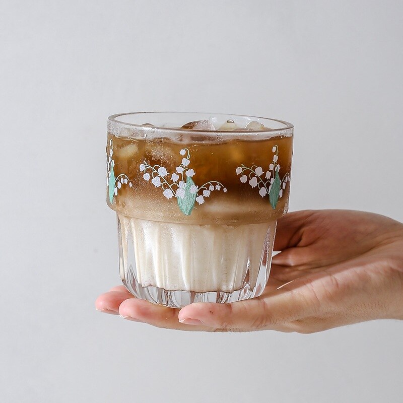 Muguet fleur verre clair tasse corée café lait jus tasse verre frais fille coeur lait thé tasse