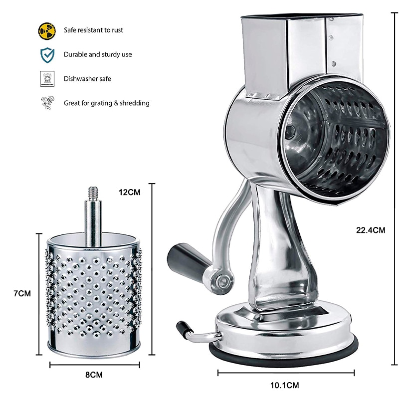 Rotary Cheese Grater Food Mills With Suction Base Cup & 1 Drum Blade for Cheese Grating and Nut Grinder