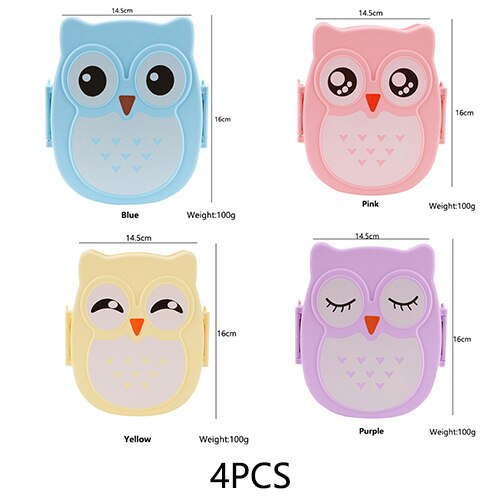 Cute Cartoon Owl Lunch Box Food PP Plastic Storage Box Portable Children Student Heat Preservation Lunch Box Kitchen Utensils: 4PCS