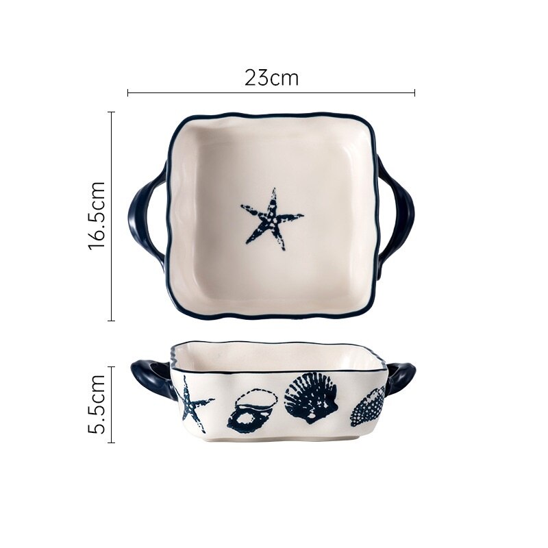 Nordic Ocean Style Ceramic Plates Set Baking Pan Household Dishes Binaural Square Round Cheese Baked Rice Bowl Retro: 9 inch square plate