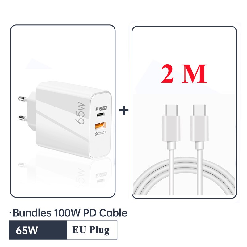 65w- gan usb-c-wandladegerät  pd 33w 4.0 für iphone 13 pro max , 12 12 3.0 macbook air, samsung galaxy und ipad pro: Und 2m kabel euwhite