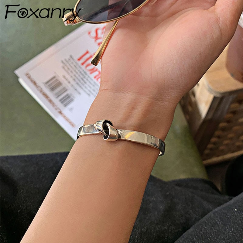 Foxanry-Pulseras minimalistas para mujer y parejas, brazalete de sello, joyería geométrica anudada Simple para , , 925