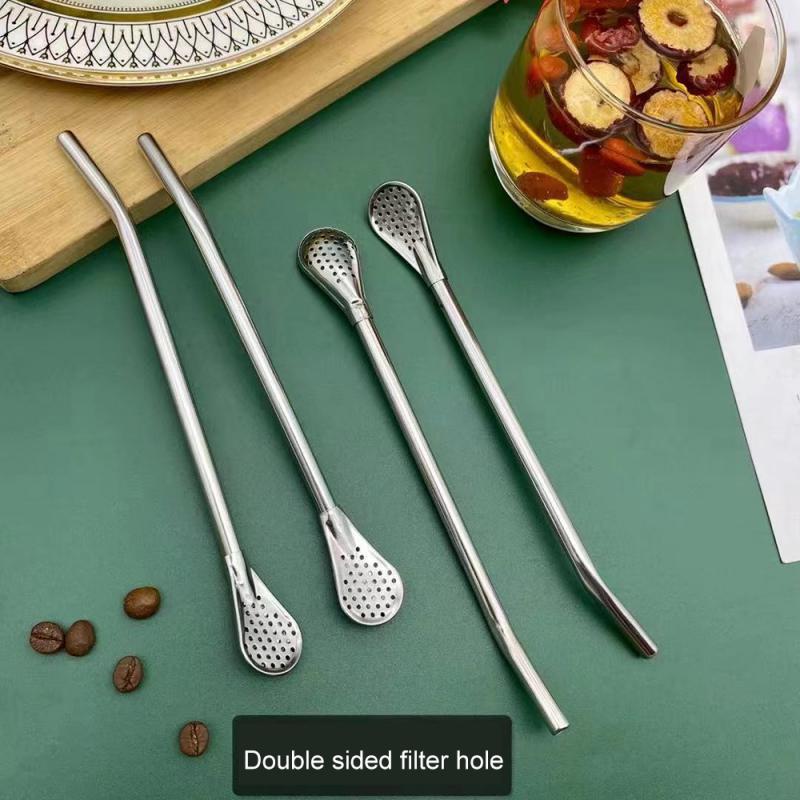 4 Stuks Rvs Rietjes Met Filter Lepel Herbruikbare Yerba Mate Bombilla Metalen Thee Rietjes Bar Keuken Gereedschap: 4pcs