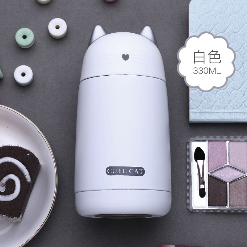 JOUDOO 330ml Thermos Cup Cartoon Cat Thermo Mug Drinkware Water Bottle Stainless Steel Vacuum Flask Leak-proof Tumbler 35: White