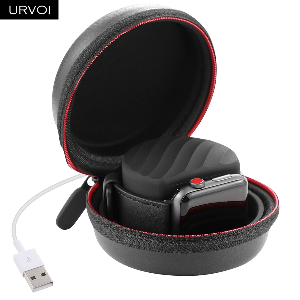 Soporte URVOI 2 en 1 para Apple Watch series 4/3/2/1 Airpods redondo de fácil de llevar con bolsa de reloj de gancho PU con silicona: Type 1