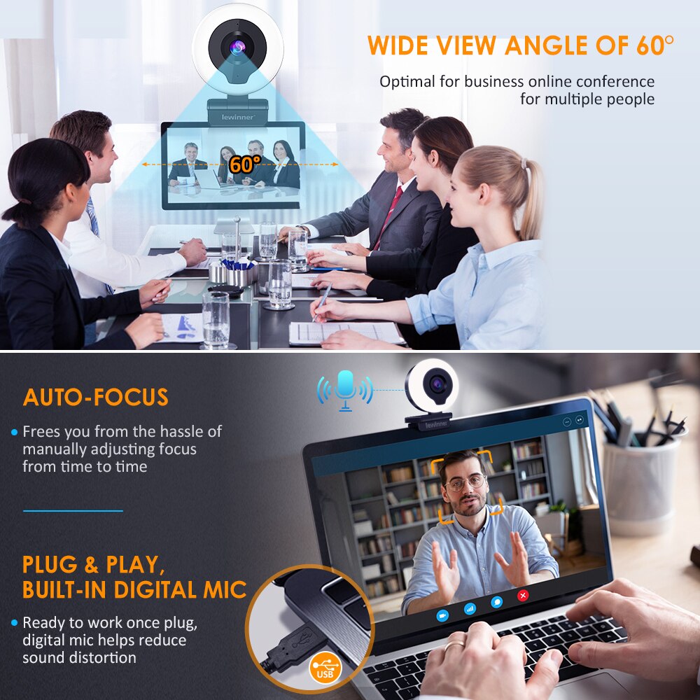 Lewinner 2K Webcam mit Ring Licht & Stativ & Mikrofon, USB Auto Fokus für PC Video Konferenz/Anruf/Lehre/Spielen
