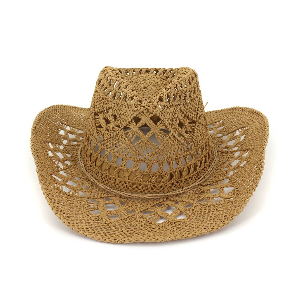 Sommer mænd håndlavning raffia hule cowboy hat med tyndt reb kvinder western bred krøllet rand cap solbeskyttelse unisex hatte: Khaki