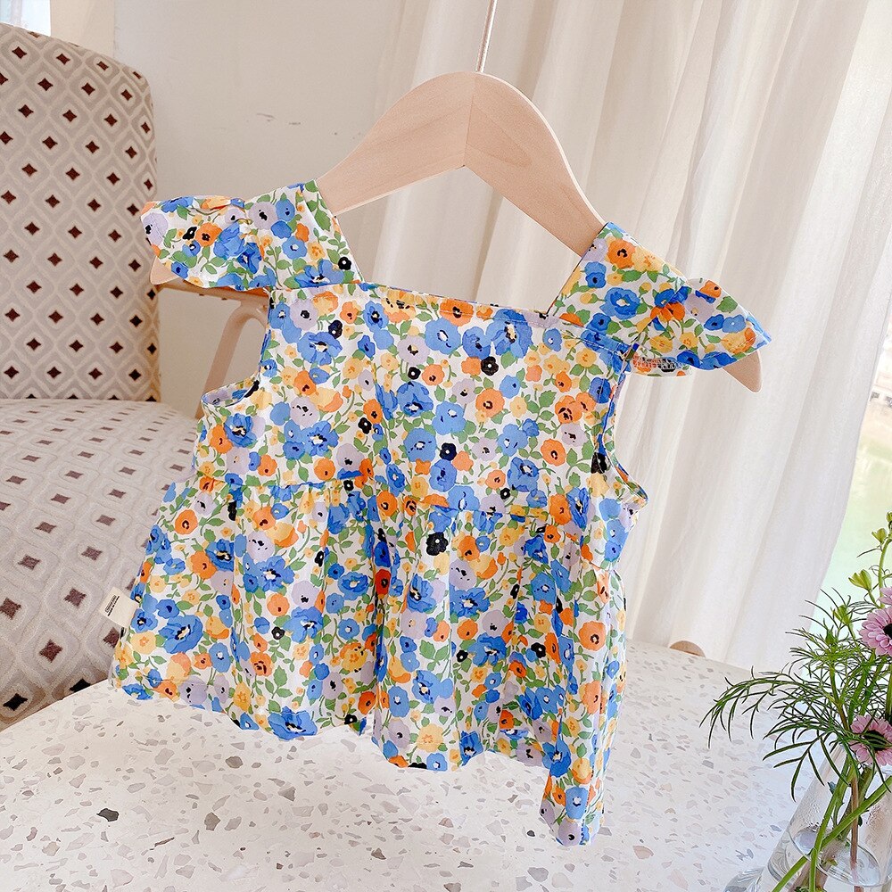 2021 verão bebê meninas floral sem mangas blusas criança crianças quadrado pescoço solto topos: blue floral / 4T